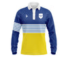 Custom yellow and blue long-sleeve school leaver with white accents